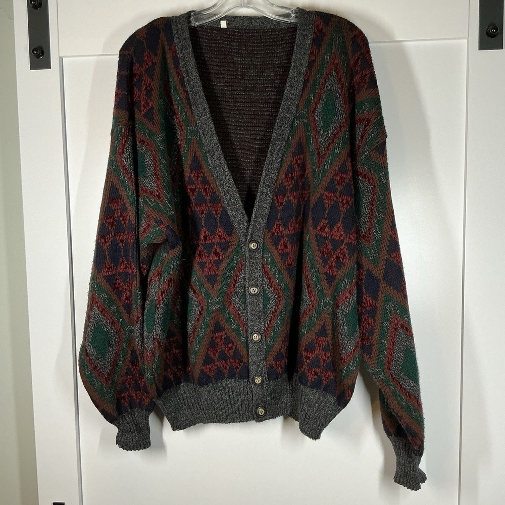 VTG Sears Roebuck‎ Co Knit Cardigan Sweater L Gray Argyle Wool Blend 80s Grandpa